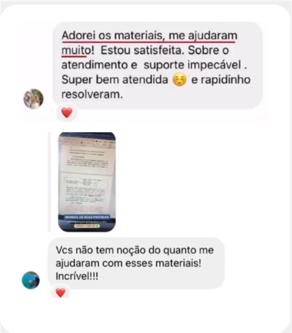Feedbacks: adorei os materiais, me ajudaram muito; suporte impecável